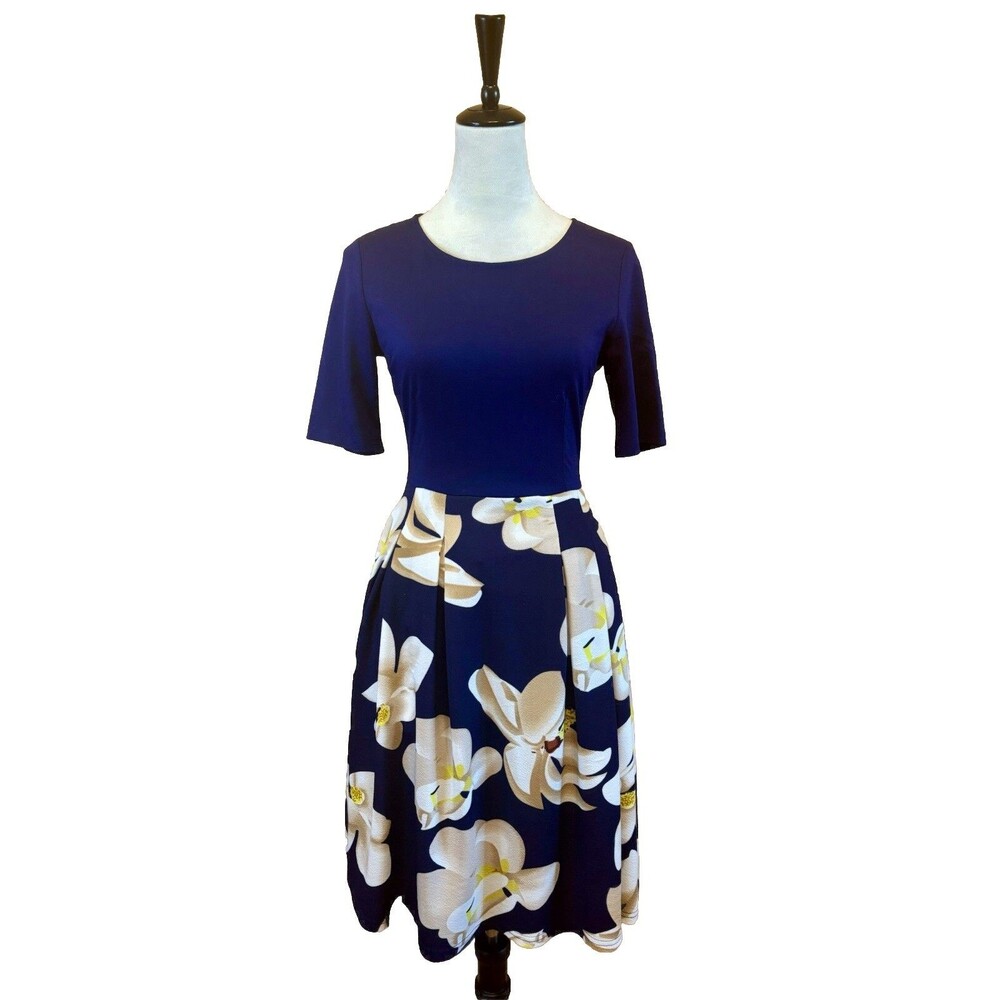 Oxiuly Fashion Fit Flare Dress Womens S Blue Floral Short Sleeve Cotton Knee Zip